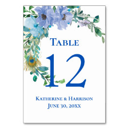 Schöne Sapphire Blue Watercolor Blumenhochzeit Tischnummer