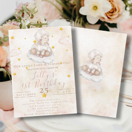 Schöne, schaf-rosa Wolkensterne 1. Geburtstag Einladung