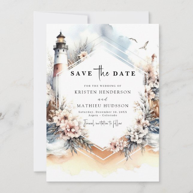Schöne, schicke Hochzeit des Leuchtturms Watercolo Save The Date (Vorderseite)