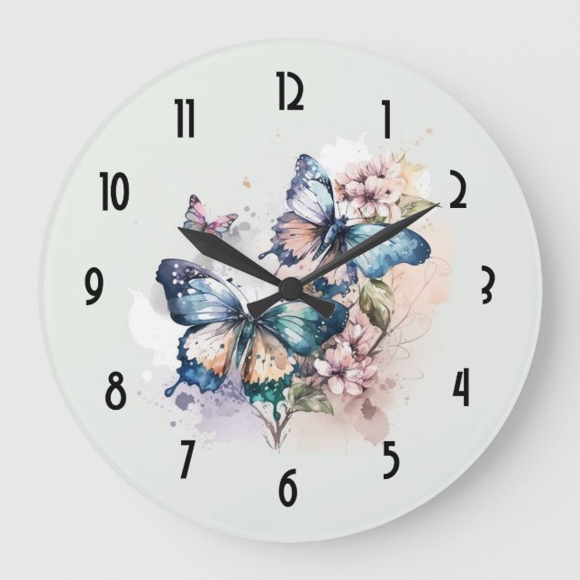 Schöne Schmetterlinge und Blume Große Wanduhr (Vorderseite)