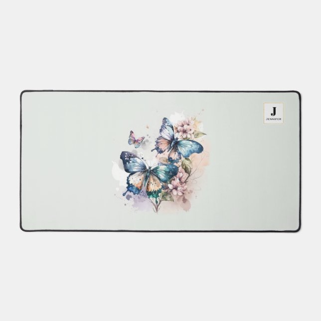 Schöne Schmetterlinge und Blume Monogramm Schreibtischunterlage (Vorderseite)