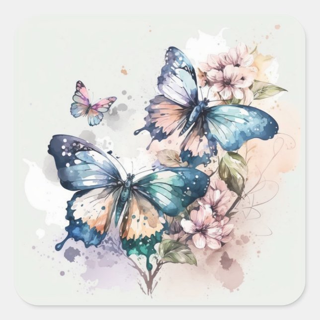 Schöne Schmetterlinge und Blume Quadratischer Aufkleber (Vorderseite)