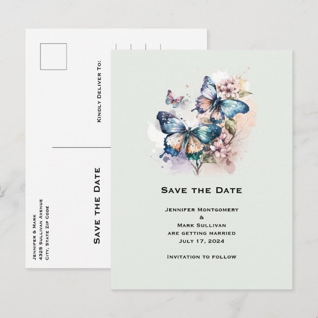Schöne Schmetterlinge und Blume Save the Date Einladungspostkarte (Vorne/Hinten)