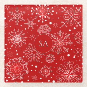 Schöne Schneeflocken am Roten Hintergrund Weihnach Glasuntersetzer