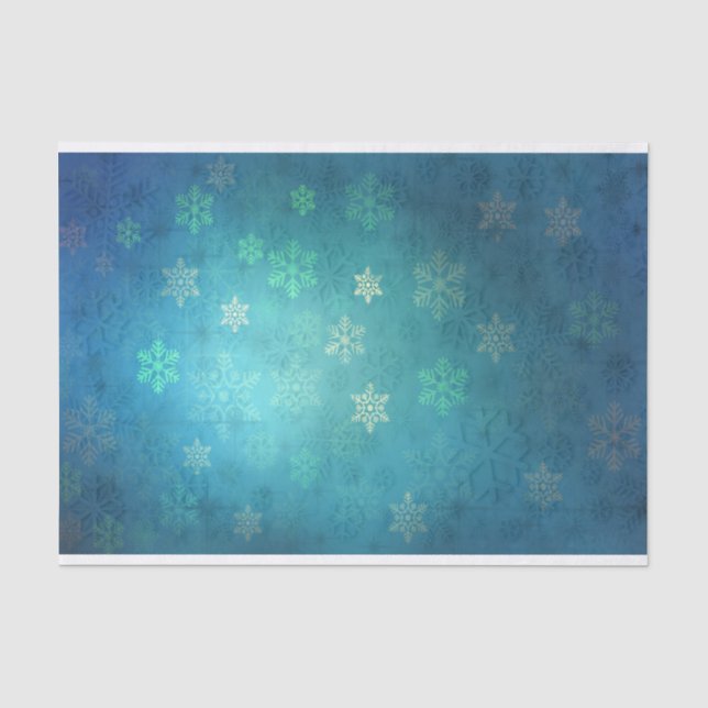 Schöne Schneeflocken auf Schatten von blau-grün Seidenpapier (Vorderseite)