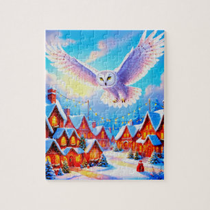 Schöne Schneekugel über Weihnachtsdorf fliegen