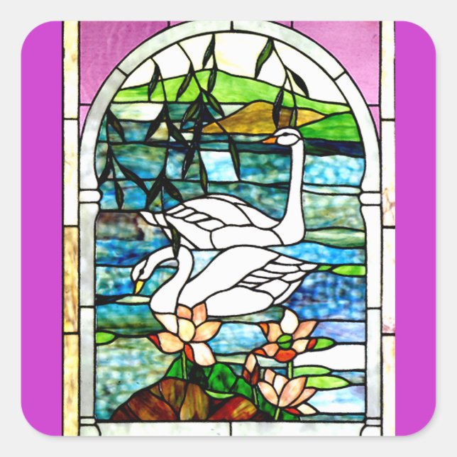 Schöne Schwäne gesteinigte Glaskunst Quadratischer Aufkleber (Vorderseite)