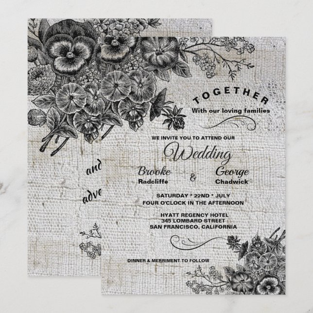Schöne Schwarz-Grau-Blume Hochzeit Einladung (Vorne/Hinten)