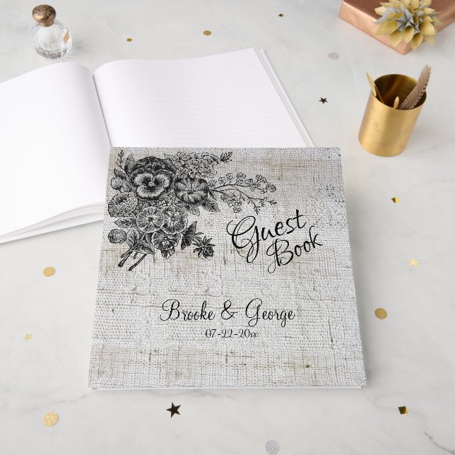 Schöne Schwarz-Grau-Blume Hochzeit Gästebuch (Vorderseite offen)