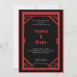 Schöne Schwarz-Rot-Art-Déco-Hochzeit Einladung
