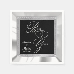 Schöne Schwarz, Silber & Weiß Satin Hochzeit Serviette