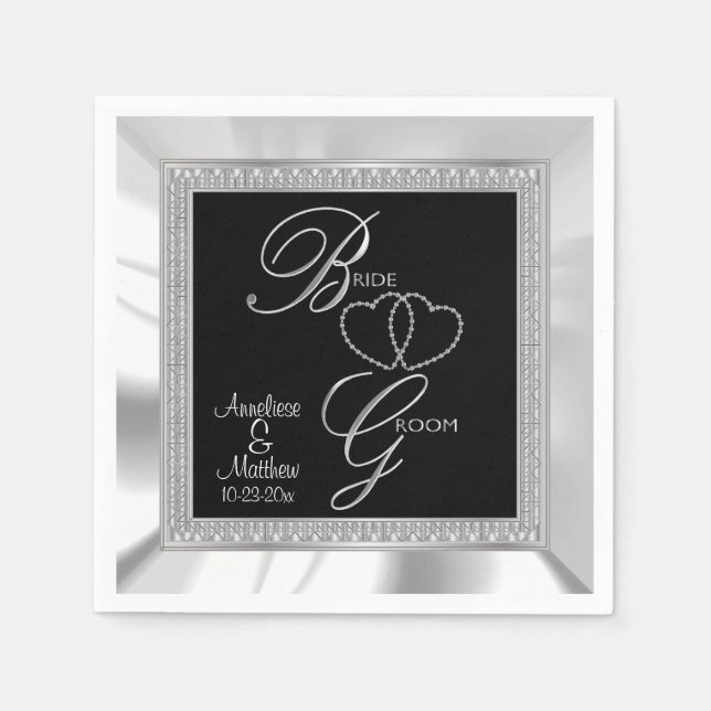 Schöne Schwarz, Silber & Weiß Satin Hochzeit Serviette (Vorderseite)