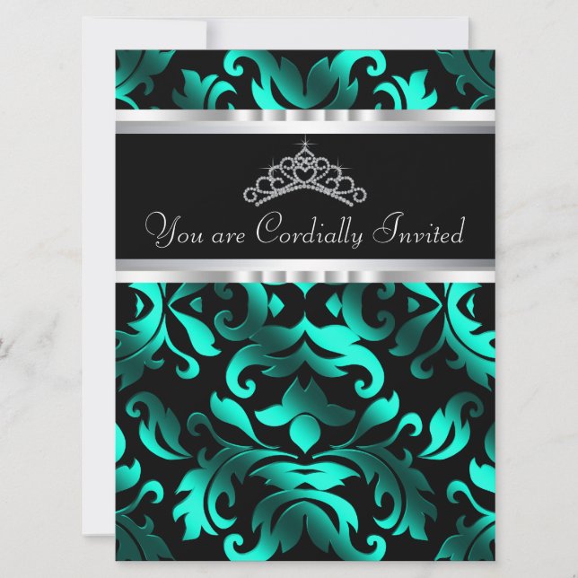 Schöne Schwarz und Aquamarin Blau Quinceanera Einladung (Vorderseite)