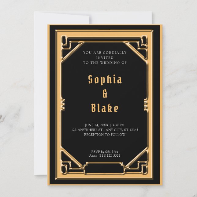 Schöne Schwarz und Gold Art Deco Hochzeit Einladung (Vorderseite)