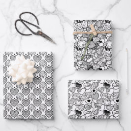 Schöne Schwarz-Weiß-Herz-Papierblätter Geschenkpapier Set