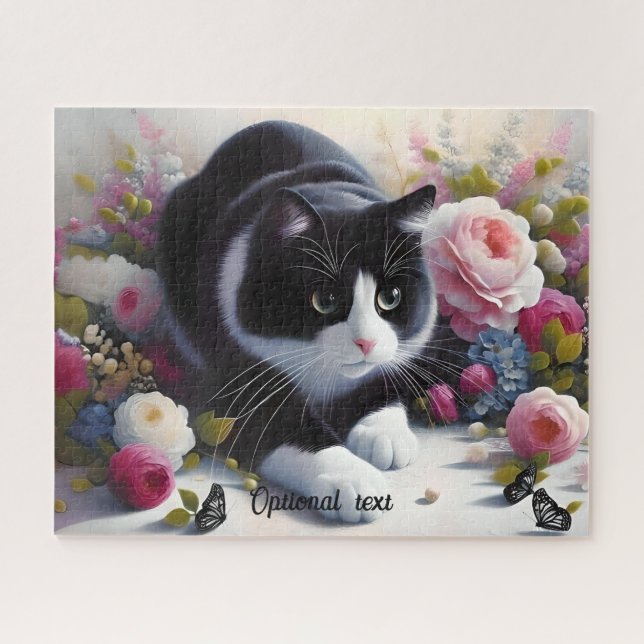 Schöne Schwarz-Weiß-Katze und Blume (Horizontal)