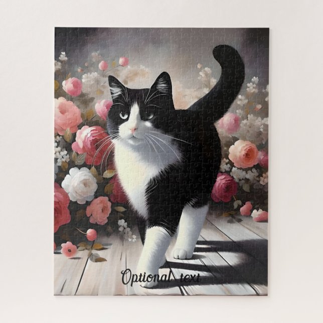 Schöne Schwarz-Weiß-Katze und Blume (Vertikal)