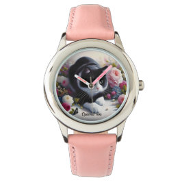 Schöne Schwarz-Weiß-Katze und Blume Armbanduhr