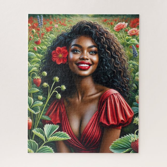 Schöne schwarze Frau in Roter Erdbeere Kunst (Vertikal)