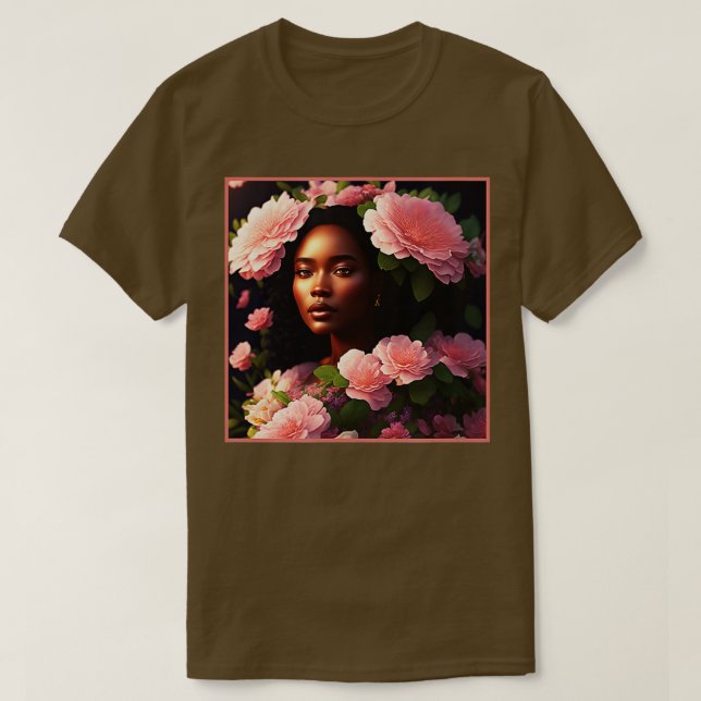 Schöne Schwarze Frau mit rosa Blume TShirt (Design vorne)