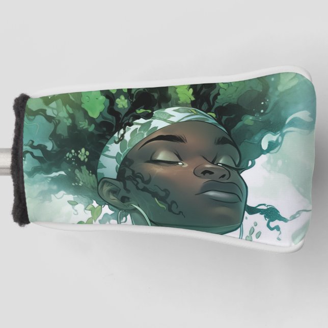 Schöne schwarze Frau schweben im Wasser mit Pflanz Golf Headcover (Vorderseite)
