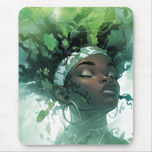 Schöne schwarze Frau schweben im Wasser mit Pflanz Mousepad