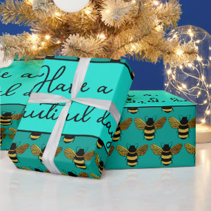 SCHÖNE SCHWARZE GOLD BUMBLEBEE BEE TEXT AQUA GREEN GESCHENKPAPIER