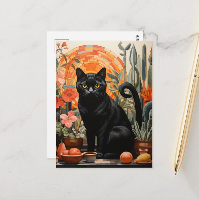 Schöne schwarze Katze in den Häusern Stillleben Postkarte (Vorderseite/Rückseite Beispiel)