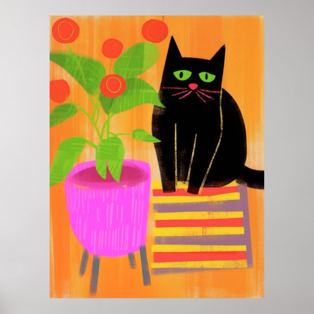 Schöne schwarze Katze mit Hauspflanzen Poster (Vorne)