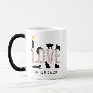 Schöne Schwarze Katze mit Liebe Blumenmotiven Verwandlungstasse