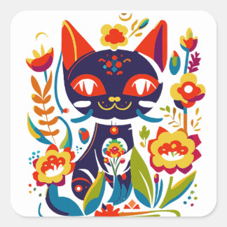 Schöne schwarze Katzen-Volkskunst-Blumenillustrati Quadratischer Aufkleber