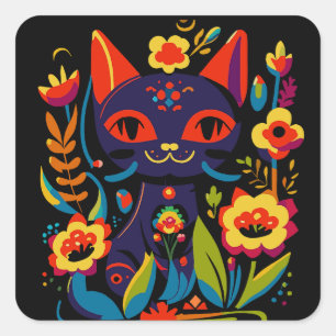 Schöne schwarze Katzen-Volkskunst-Blumenillustrati Quadratischer Aufkleber