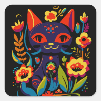 Schöne schwarze Katzen-Volkskunst-Blumenillustrati Quadratischer Aufkleber