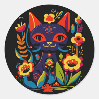 Schöne schwarze Katzen-Volkskunst-Blumenillustrati Runder Aufkleber