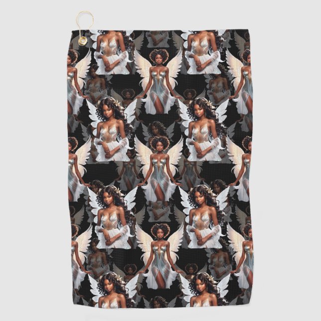 Schöne schwarze Mädchen-Engel-Musterdesign -Dunkel Golfhandtuch (Vorderseite)