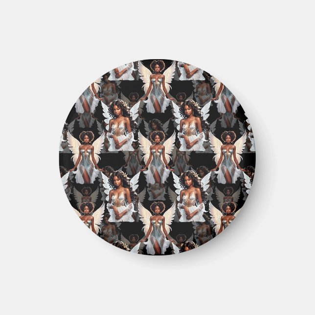 Schöne schwarze Mädchen-Engel-Musterdesign -Dunkel Magnet (Vorne)
