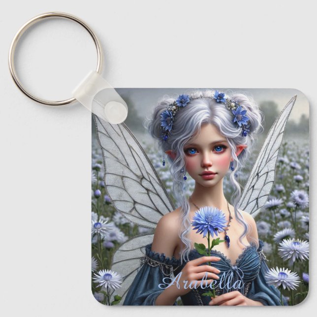 Schöne September Fairy in Asters Schlüsselanhänger (Vorderseite)