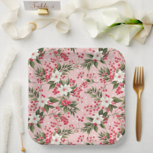 Schöne Shabby Chic rosa Weihnachtsblumen Berry Pappteller