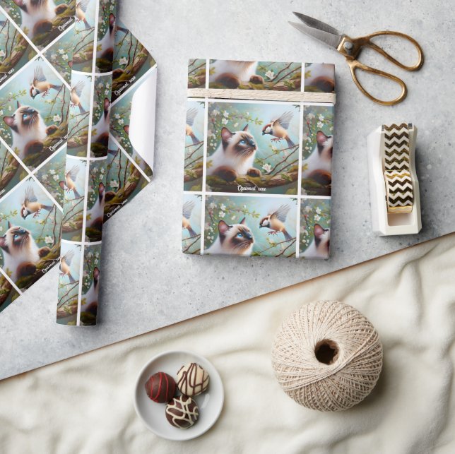 Schöne siamesische Katze und Sparrow Geschenkpapier (Kunsthandwerk)