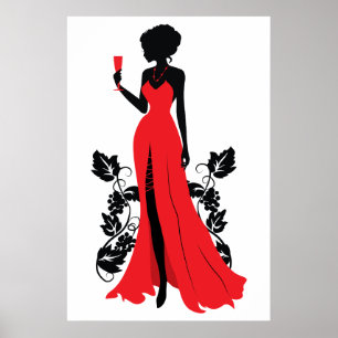 Schöne Silhouette der jungen Frau mit Weinglas Poster
