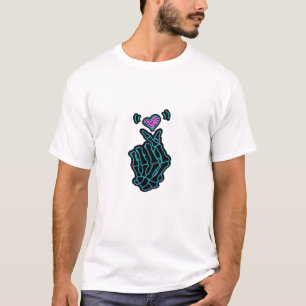 Schöne Skeletthandschuhe mit einem Herzsignal für T-Shirt