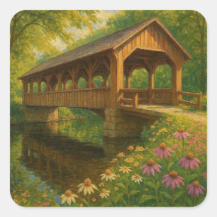 Schöne Sommer-Kunst einer überdachten Brücke Quadratischer Aufkleber