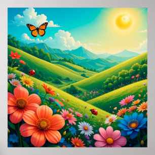 Schöne Sommerlandschaft mit farbenfrohen Blumen Poster