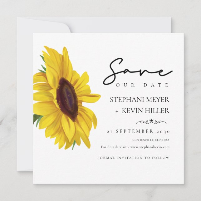 Schöne Sonnenblume Elegante Script Hochzeit Save The Date (Vorderseite)
