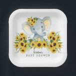 Schöne Sonnenblume Elephant Babydusche Pappteller<br><div class="desc">Niedliches Babyduschdesign mit einem ansprechenden Elefanten,  umgeben von Set mit Sonnenblumensträuchern in Aquarellfarben auf weißem Hintergrund.</div>