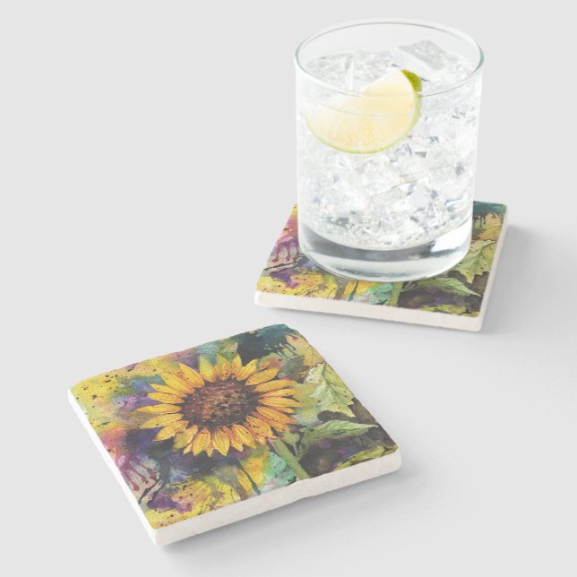 Schöne Sonnenblumen im Wasser Steinuntersetzer (Seitenansicht)