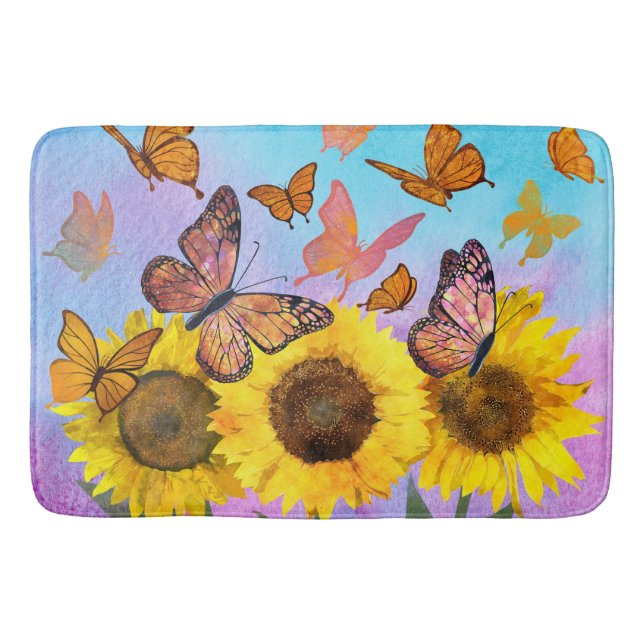 Schöne Sonnenblumen Schmetterlinge Blumengarten Badematte (Vorderseite)