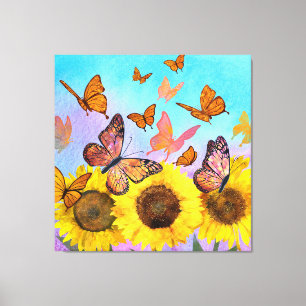 Schöne Sonnenblumen Schmetterlinge Blumengarten Leinwanddruck