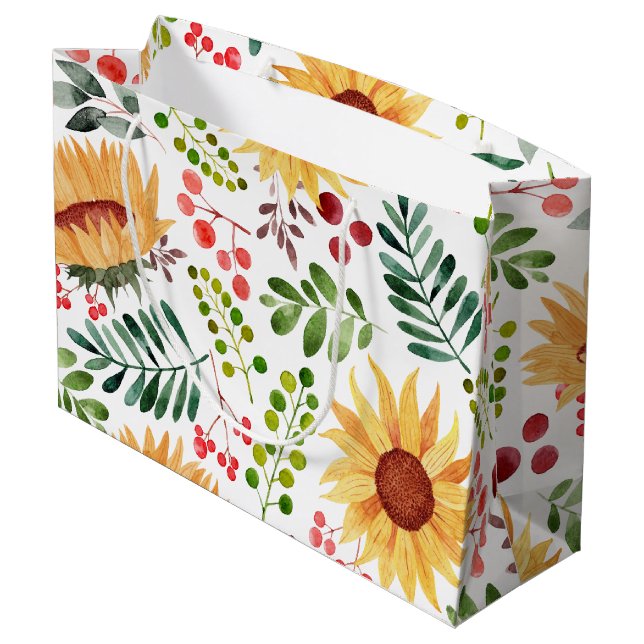Schöne Sonnenblumen und Berries Wasserfarbe   Große Geschenktüte (Rückseite Schrägansicht)