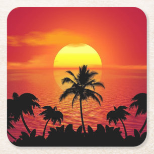 Schöne Sonnenuntergangsszene Palmen Bäume hell Coo Rechteckiger Pappuntersetzer